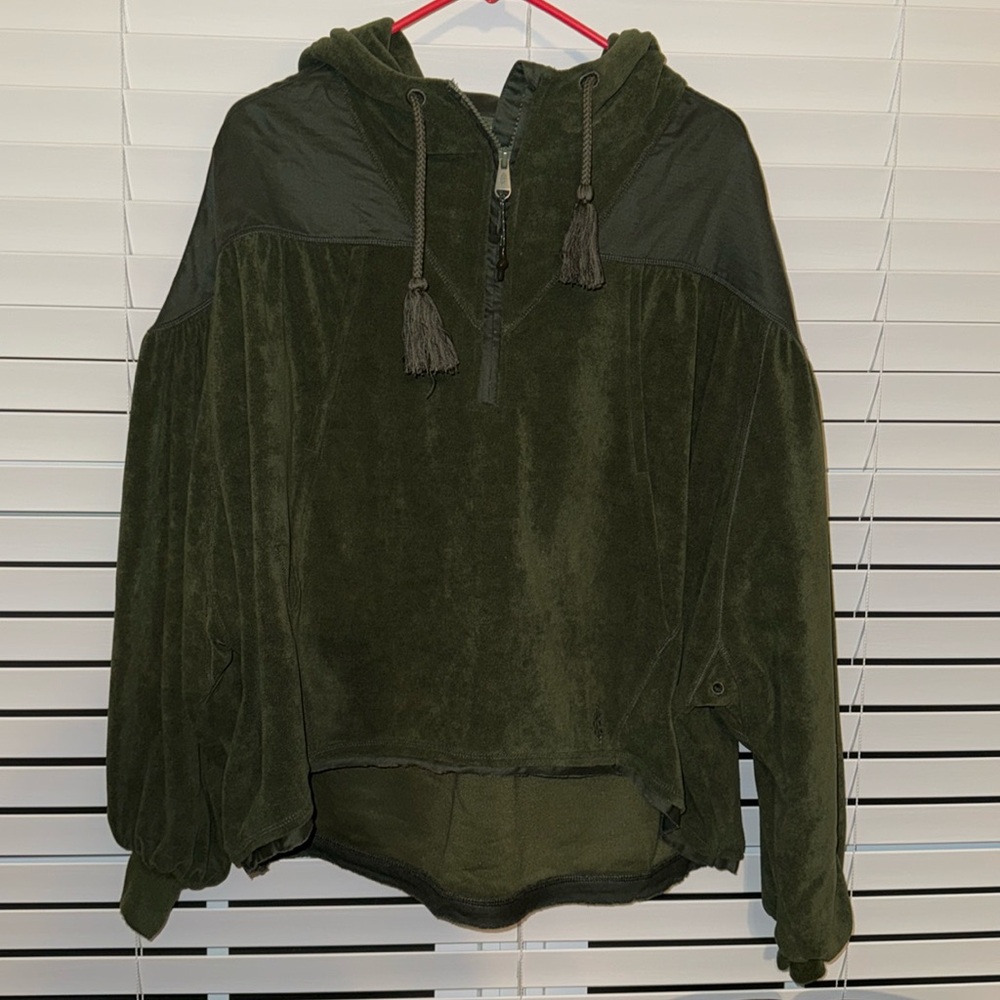 Free People Movement velour hoodie with kangaroo pocket, dark green, size medium